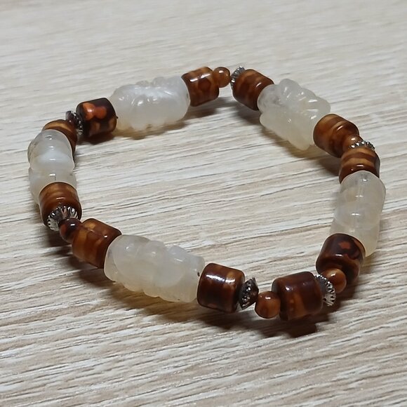Hand Crafted Handmade Beaded Unisex Stretch Bracelet Brown & White #16 - Picture 10 of 11